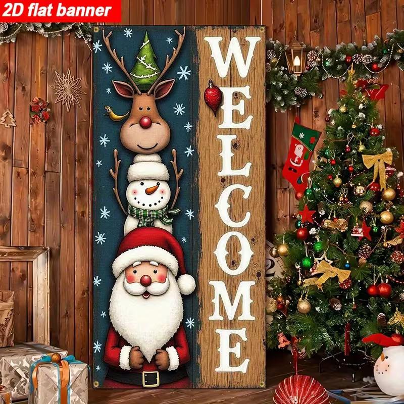 2D Christmas Rustic Welcome Door Banner, Santa Snowman Reindeer Backdrop