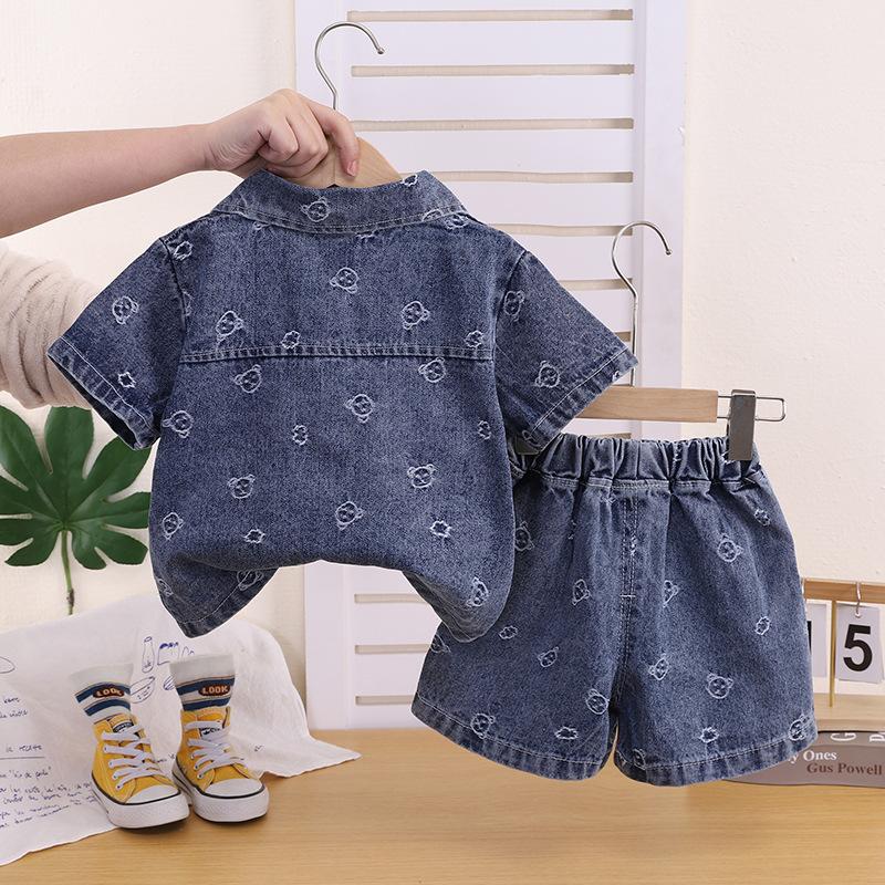 New Summer Outfit For Children: Stylish Girls' Denim Jacquard Short-Sleeve Three-Piece Set For Toddlers And Young Children