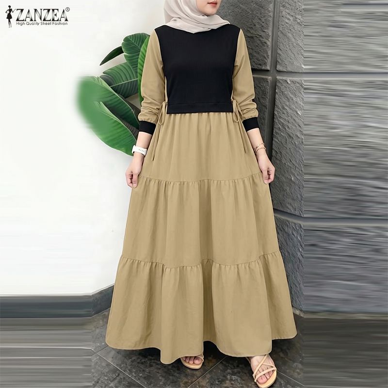 ZANZEA Women Casual Round Neck Long Sleeve Loose Patchwork Long Dress