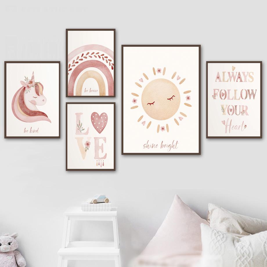 Boho Rainbow Watercolor Love Nursery Posters And Prints Unicorn Wall Art Canvas Painting Wall Pictures Baby Girl Room Home Decor