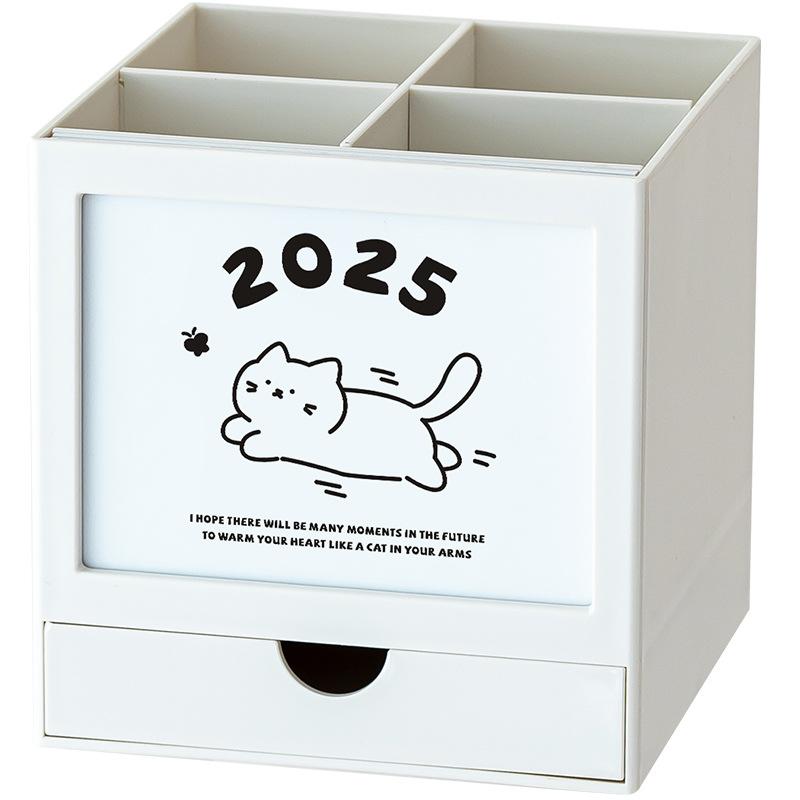 360-degree Rotating Desk Calendar Pen Holder Cute Cat Desktop Stationery Organizer Multi Functional Desk Calendar