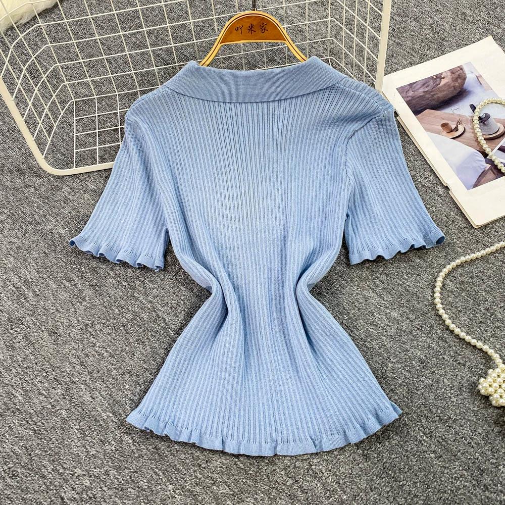 Summer Women Polo Collar Short Sleeve Sequined Flower Knitted Sweater Pullover Tops For Student Girls