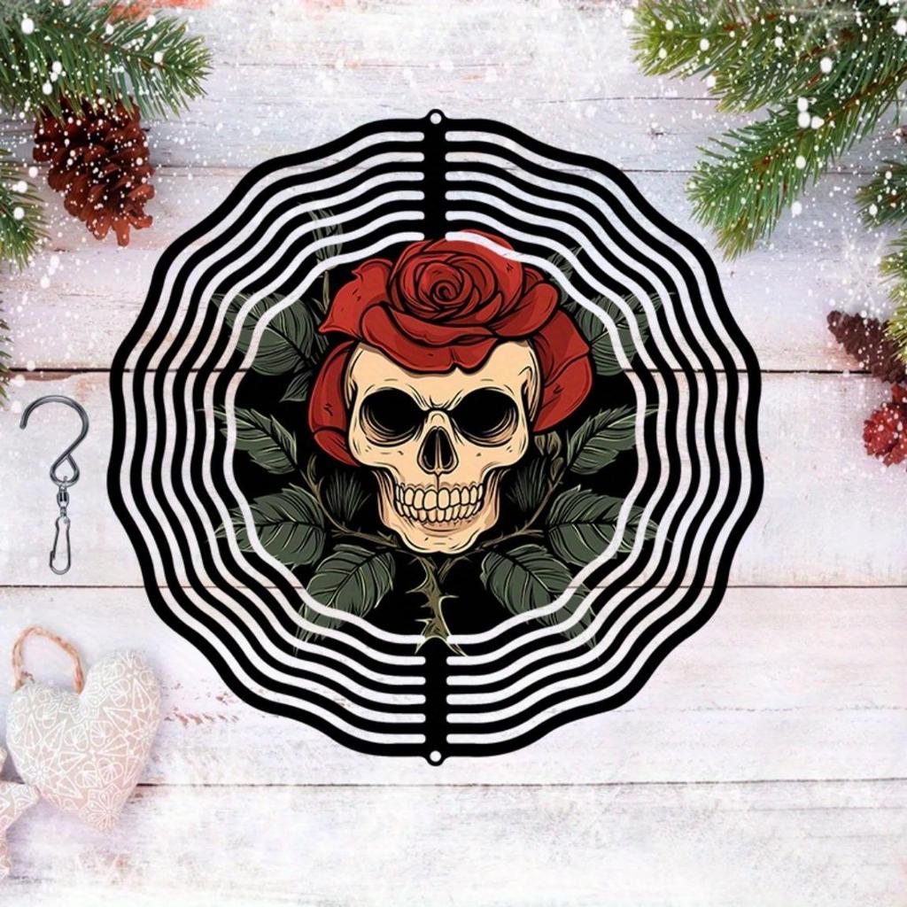 Gothic Schädel und Rose Metall Windspiel Außengartendekor Rotierendes Hängeornament Langlebig Lebhaft Geschenk für Frauen Mütter Großmütter Ehefrauen