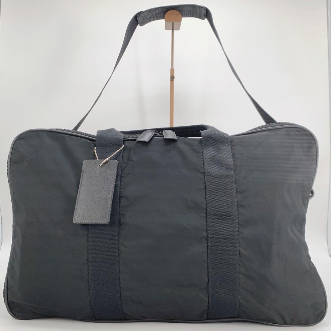 

PRADA Boston Bag Travel Bag Shoulder Bag Large Logo Tessuto Nylon Saffiano Leather Black Triangle Logo Plate A4 Capacity 2WAY Men s