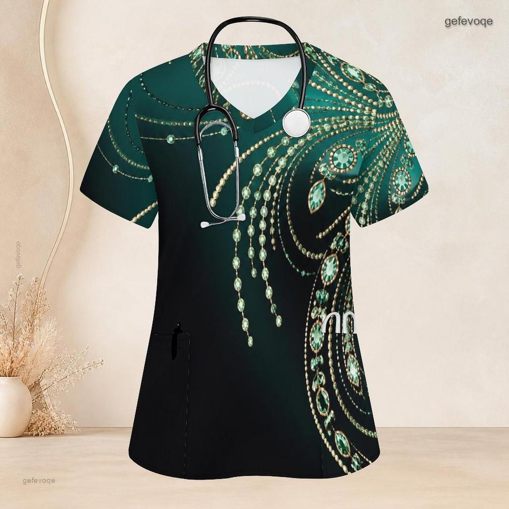 Women Plus Size Black Gold Geometric Printed Scrub Top V Neck Short Sleeve With Front Pockets
