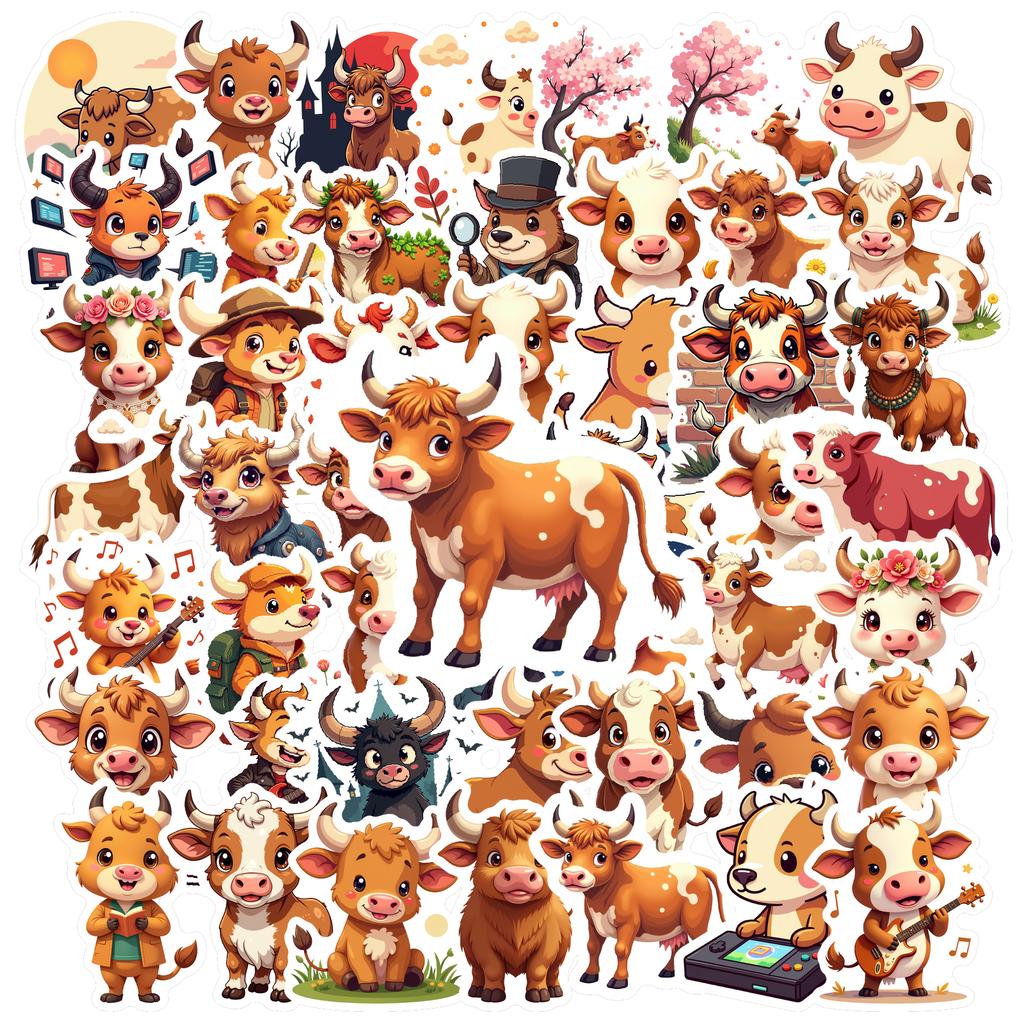 35-150pcs Cartoon Ox Graffiti Sticker Kawaii Animal Decals Laptop Helmet Luggage Guitar Aesthetic Stickerss