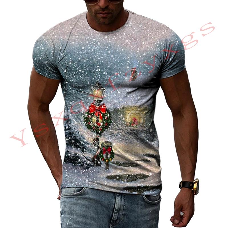 

Рождественский уличный снежный сказочный пейзаж 3D высококачественная печать мужская и женская майка оригинальная футболка с круглым вырезом и коротким рукавом 5XL
