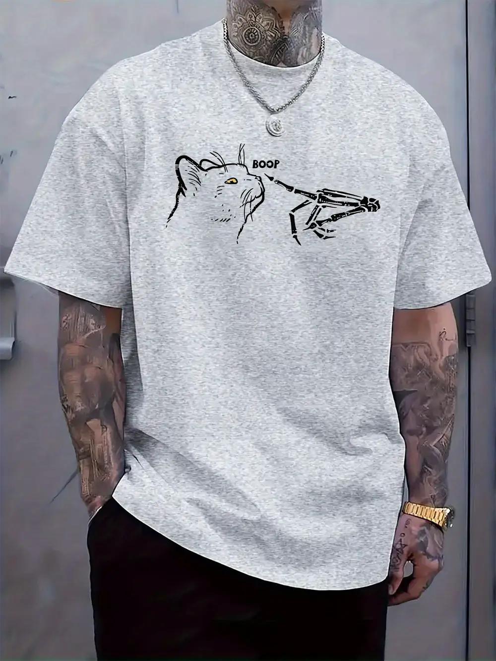 Casual Crew Neck T-shirt with Skull Hand Cat Punch Print M