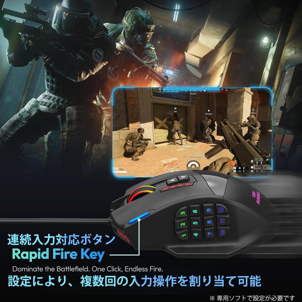 RED SAMURAI Wired Gaming Mouse, 16400dpi, 1000Hz, 18 Programmable Buttons, Side Buttons, Weight Adjustment, Stable Grip, Backlight, Customizable Progr