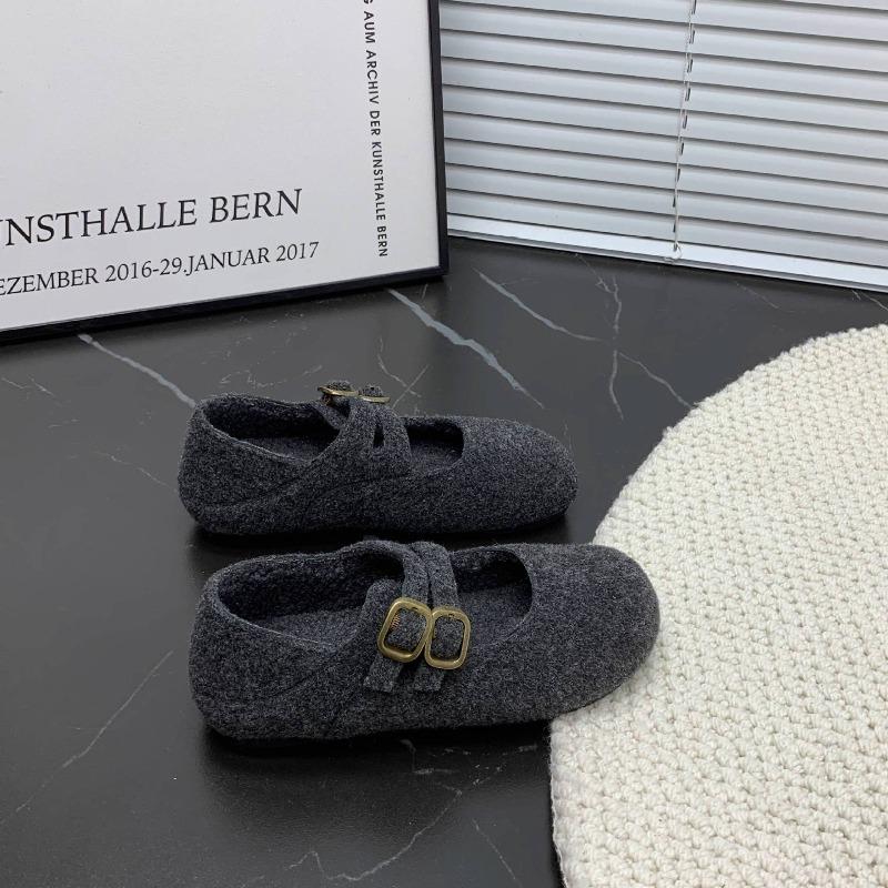 Retro zweireihige flache Mary Jane Schuhe aus Wolle für Damen 2 neue Herbst- und Winter-Mode vielseitige Plüschschuhe