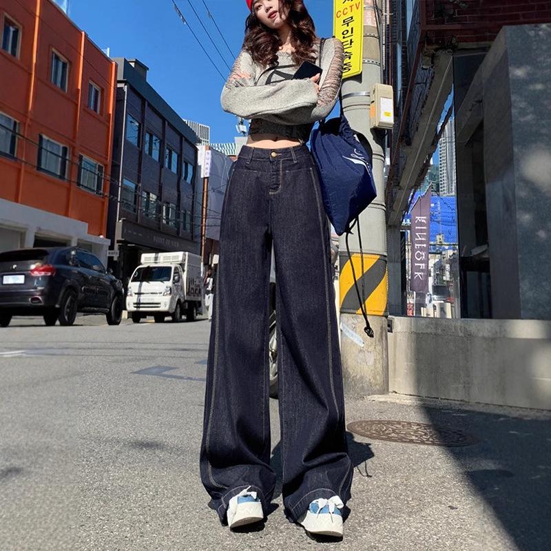

Women s Retro Dark Blue Wide-Leg Jeans: 2024 Autumn/Winter Loose Slimming Spliced Drapey Floor-Length Pants Extra Small джинсовий синього кольору