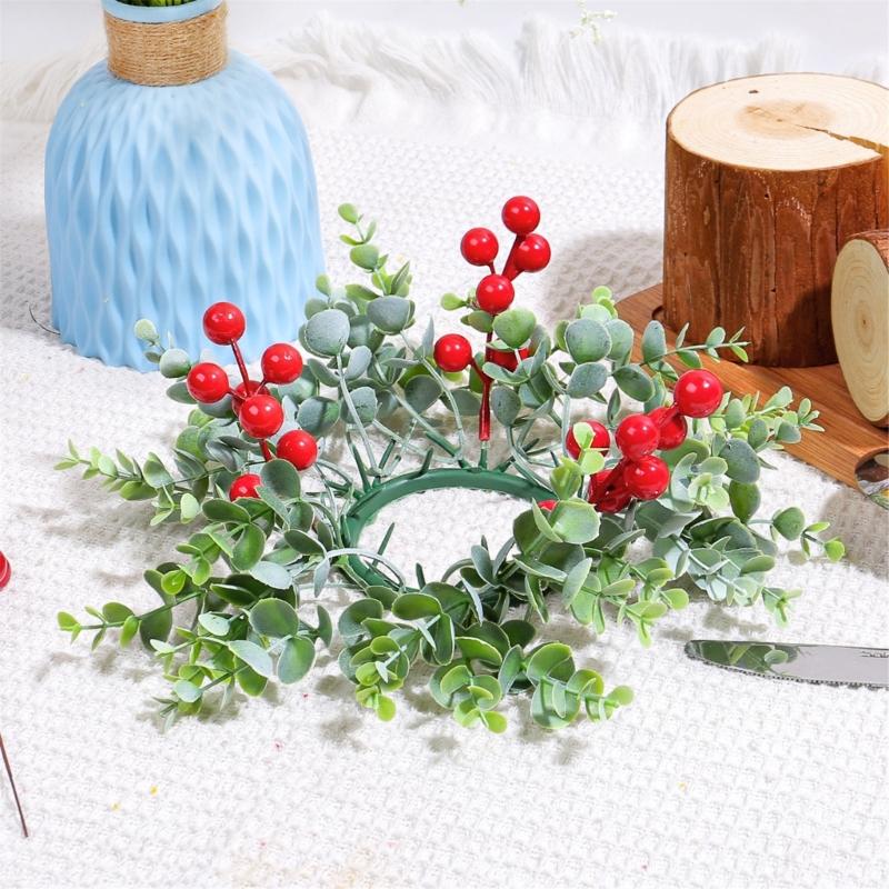 Holiday Decorative Candlestick Artificial Berries Wreath Candle Holder Rings for Christmas Table Centerpieces Ornament