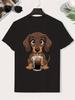 Unisex Yellow Tee Dachshund Dog Drinking Coffee Graphic Print Short Sleeve Loose Casual Top For Adult Male Daily Street Wear Out