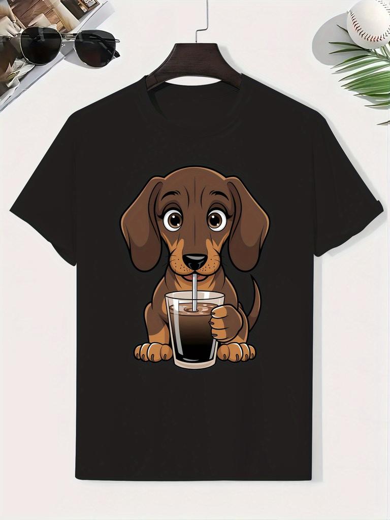 Unisex Yellow Tee Dachshund Dog Drinking Coffee Graphic Print Short Sleeve Loose Casual Top For Adult Male Daily Street Wear Out