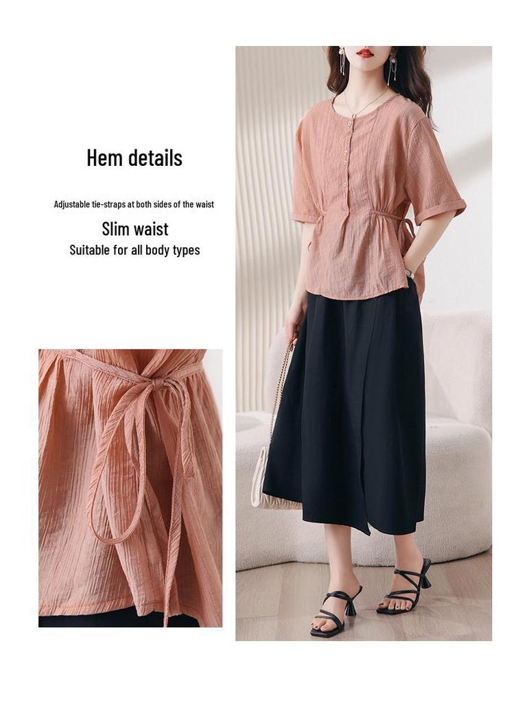 2025 Summer Fashion Tencel Blouse & Midi Skirt Set for Women - Age-Reducing, Casual, Loose Fit 