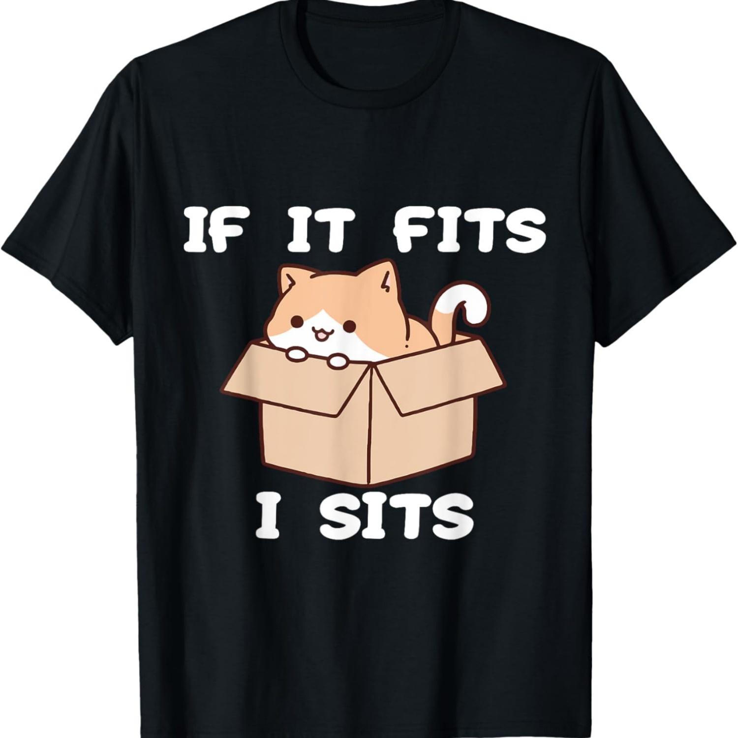If It Fits I Sits Funny Cat Meme T-Shirt for Men Women S