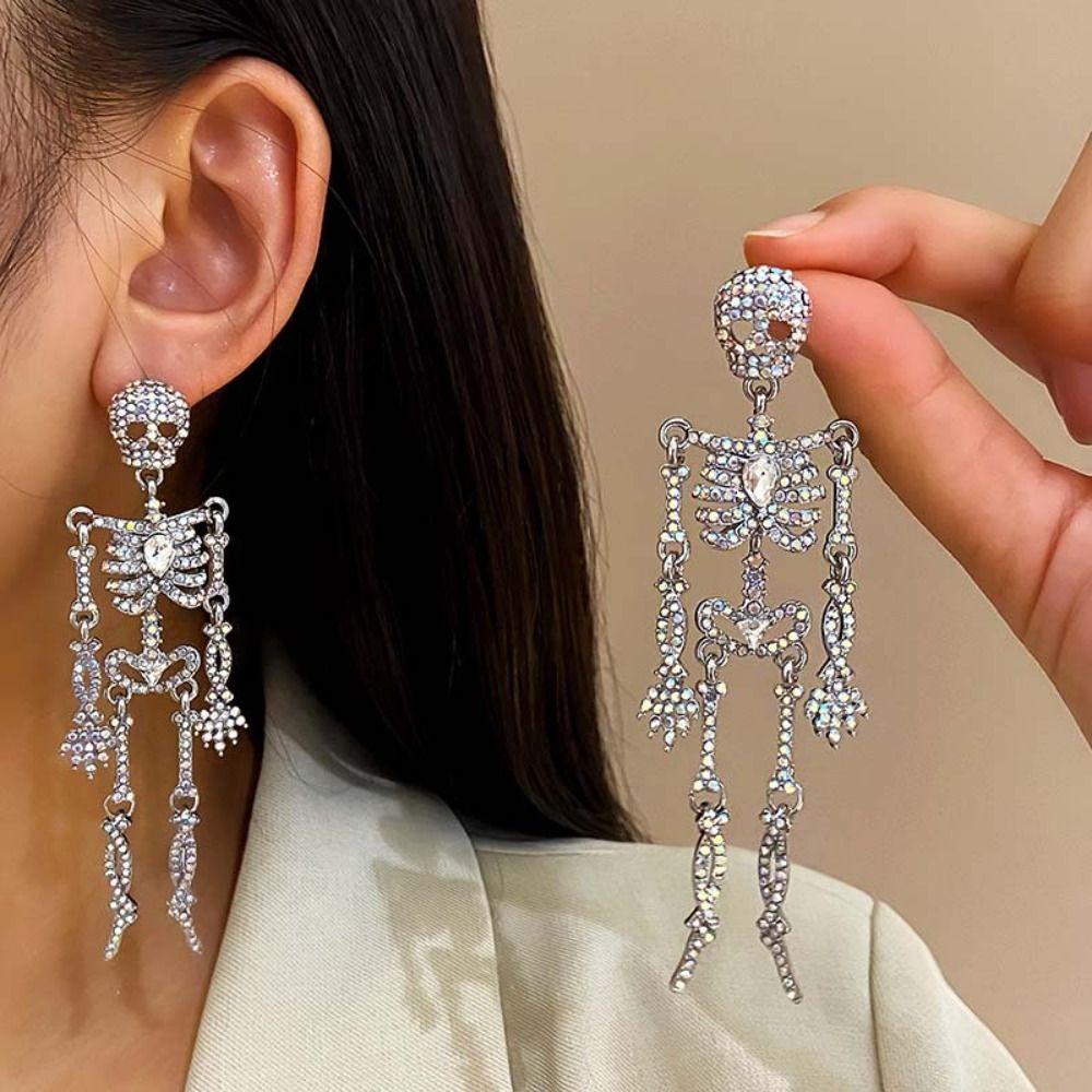 Punk Style Skeleton Pendant Earrings Shiny Halloween Party Jewelry Rhinestone Skull Earrings  Women