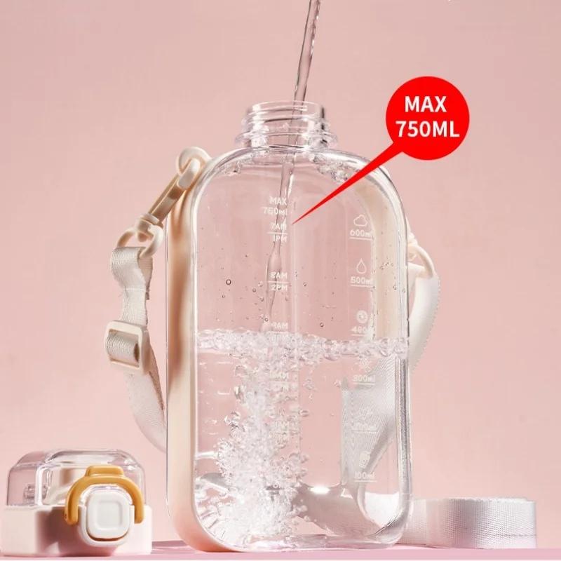 1Pcs Flat Square Transparent Water Bottle Portable Travel Canteen With Adjustable Strap Elegant Slim Bottle For Sport Camping