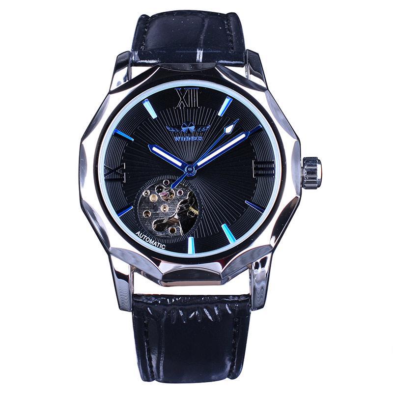 WINNER Blue Ocean Geometry Design  Transparent Skeleton Dial Mens Watch Top Brand Luxury Automatic Fashion Mechanical Watch Clock