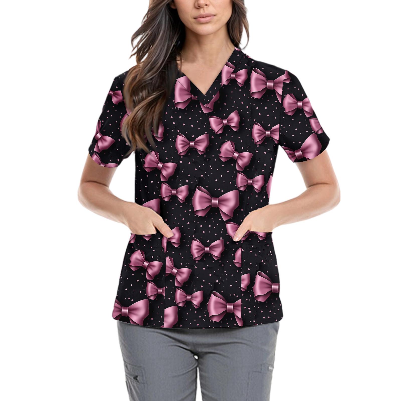 

Women s Cute Bow Printed Work Clothes V-neck Double Layer Pockets Basic Short Sleeve Top Pullover L чёрный