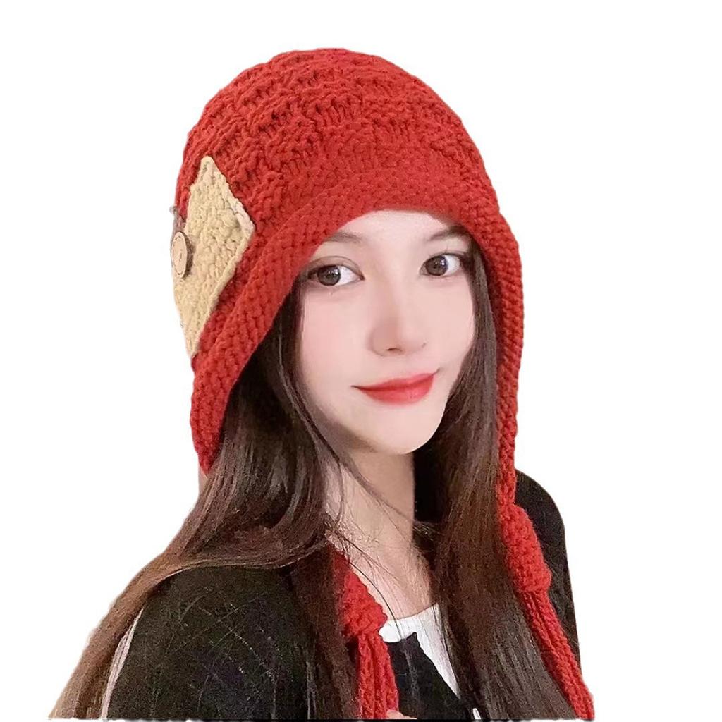 Tassel Wool Hat Women's Autumn and Winter Warm Ear Protection Red Knitted Hat Sweet Versatile Pullover Cold Hat