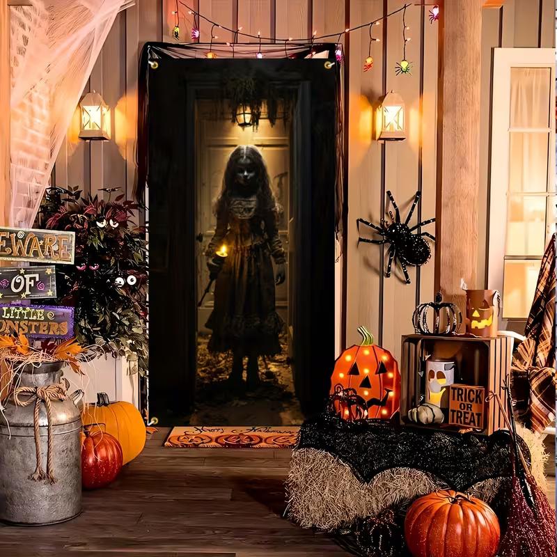 2D Halloween Haunted Girl Door Banner, Scary Spooky Party Decor