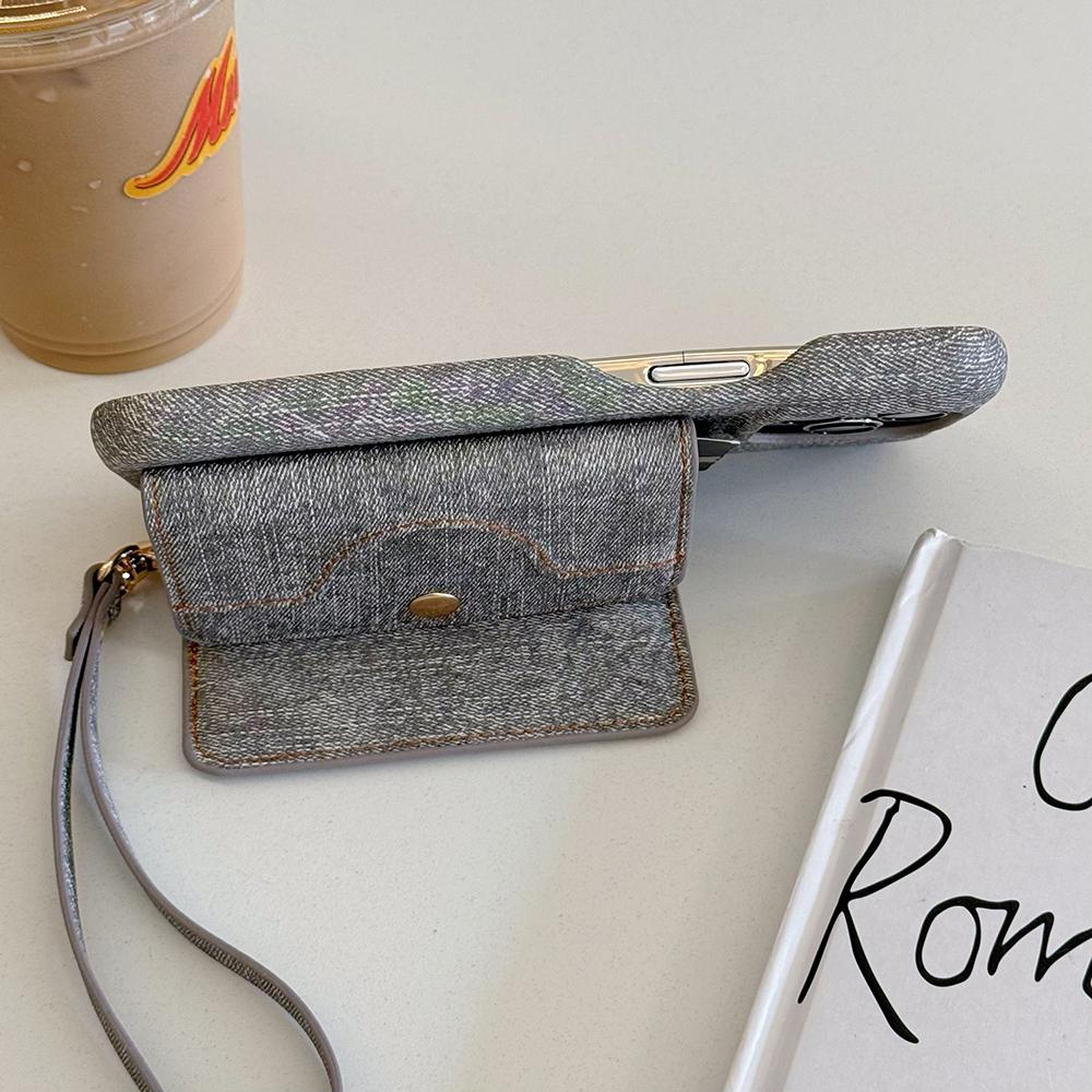 Für iPhone 16 Pro Max Hülle Kartenfächer Spiegeldesign Jeansstoff Textur PU Leder Rückseite mit Trageband