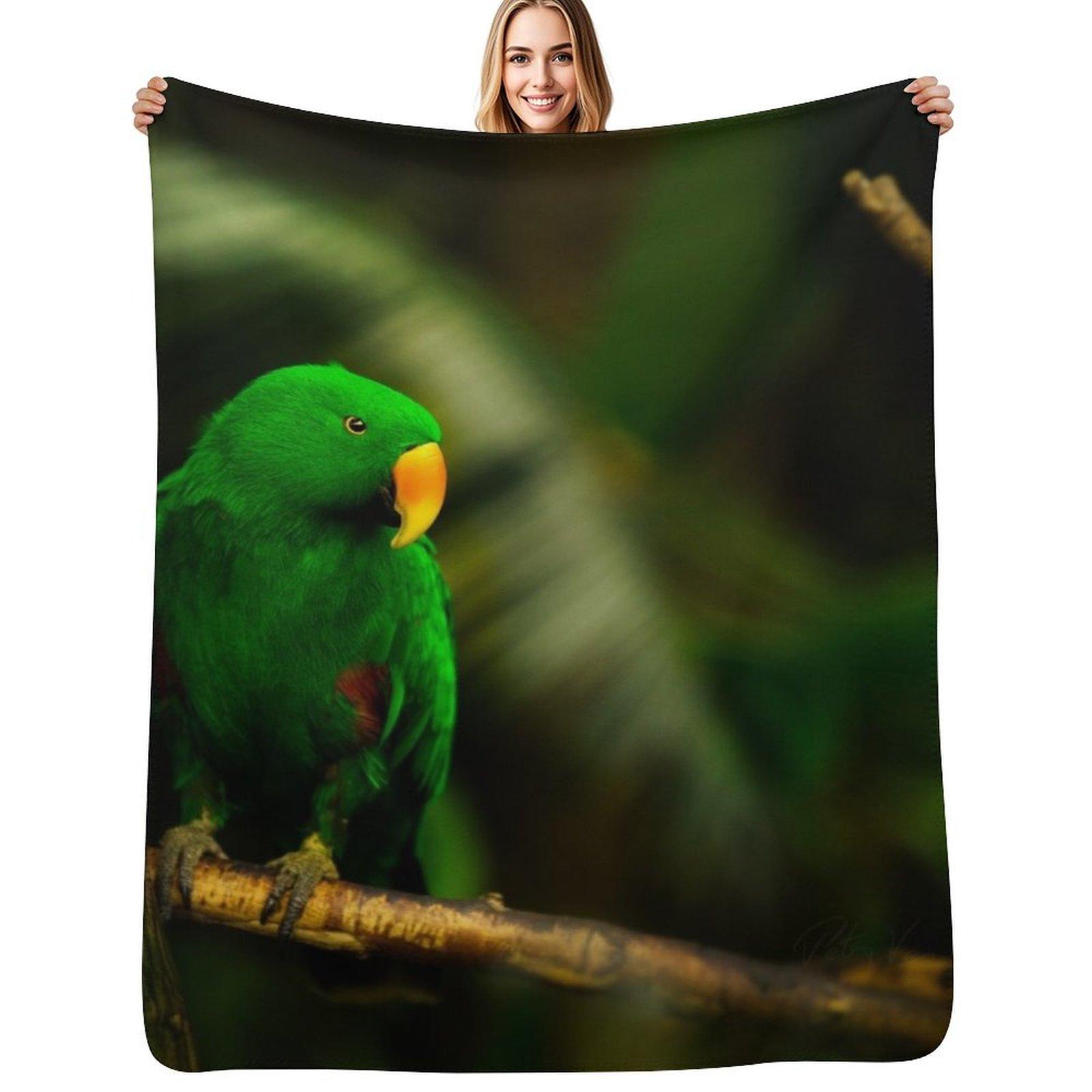 Exotic Bird Green Parrot Eclectus male Throw Blanket Fluffy Cozy Throw Blanket for Home Decor Size: 75*100cm, Weight: 230 GSM