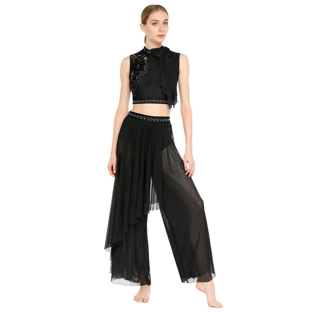 Conjunto de Danza Contemporánea para Mujer Bordado de Lentejuelas Crop Top Decoración de Lazo Pantalones de Malla de Pierna Ancha Ropa de Danza Lírica Atuendo de Actuación