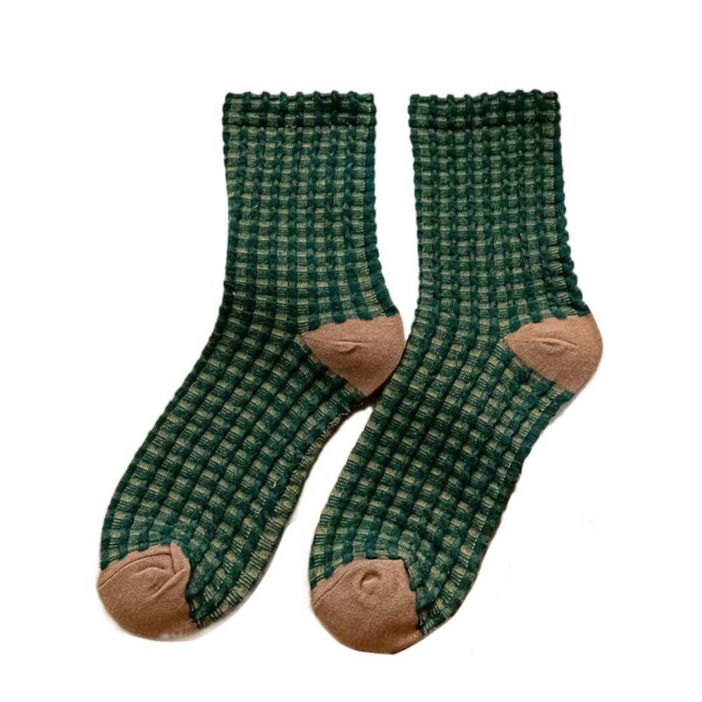 5Pairs Breathable Checkered Cotton Socks Patchwork Grids Socks Sweet Women Tube Sock  Slippers