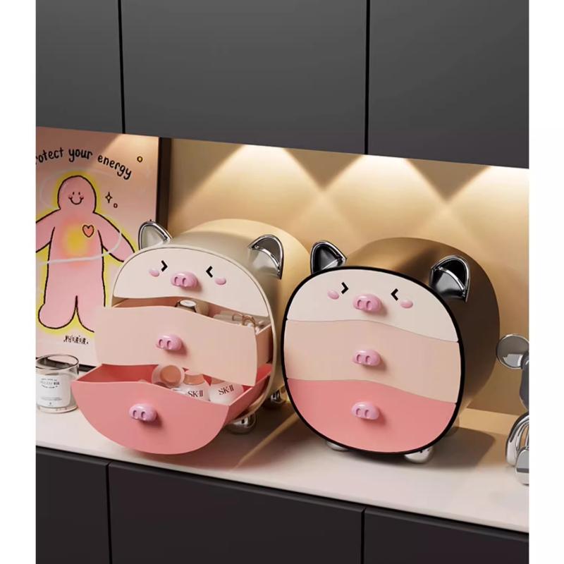 Cute Pig Desktop Storage Box Organizer Cute 2 Drawer Office Work Gadgets Hair Accessories Hairband Hairpin Desk Organizer Racks