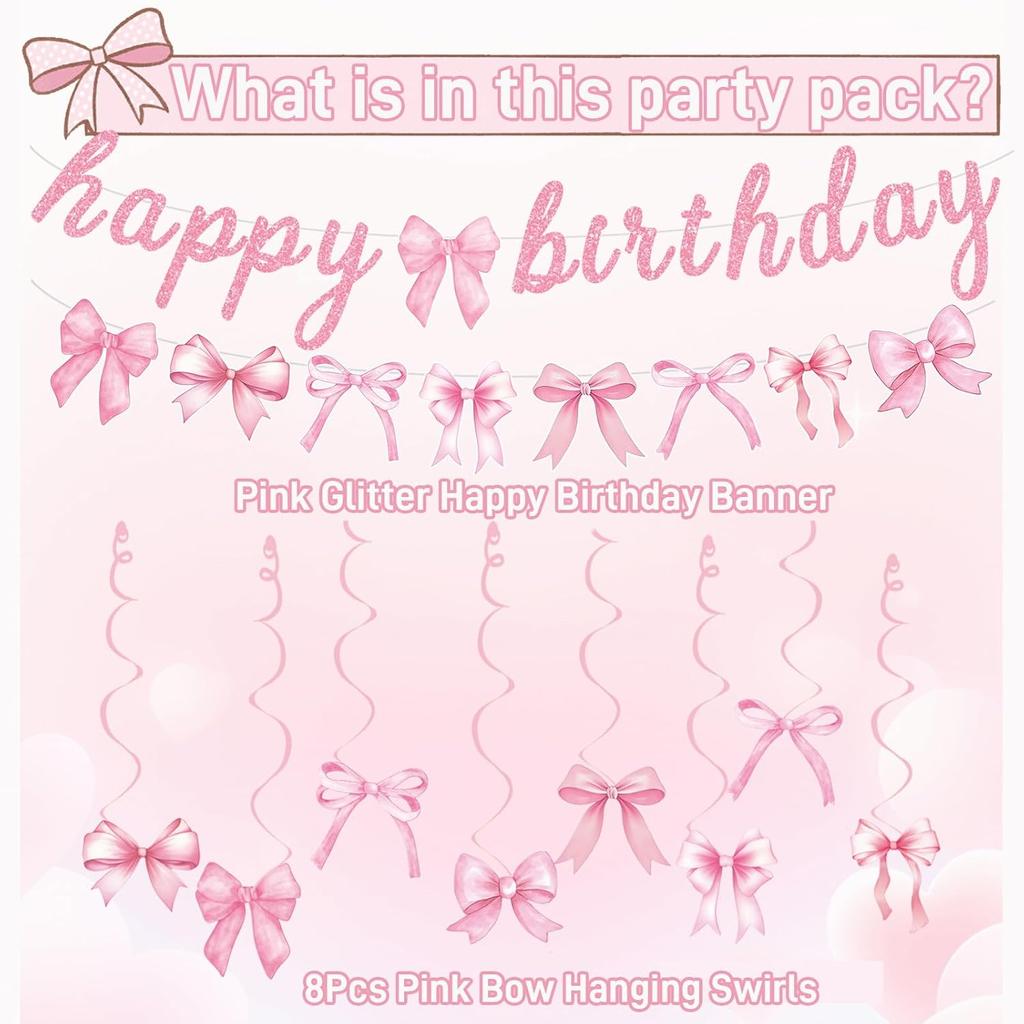 Pink Bow Happy Birthday Banner Garland and Hanging Swirls for Girl Pink Bow Coquette Birthday Party Decorations