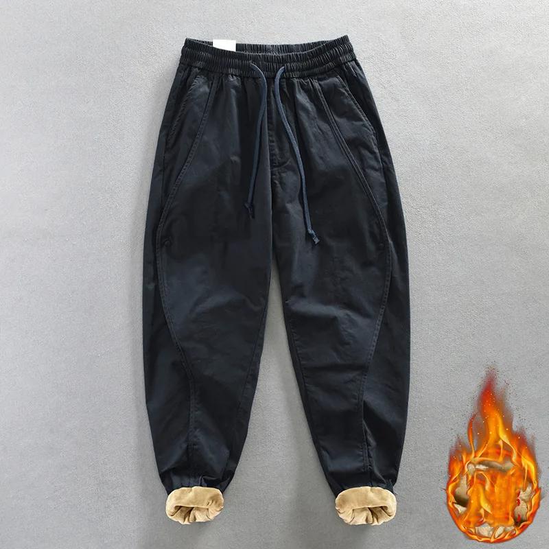 Zimní teplé kalhoty pro muže High Street ležérní khaki cargo kalhoty bavlna stahovací šňůrka elastický pas fleecové volné kalhoty mládežnická móda pánské kalhoty