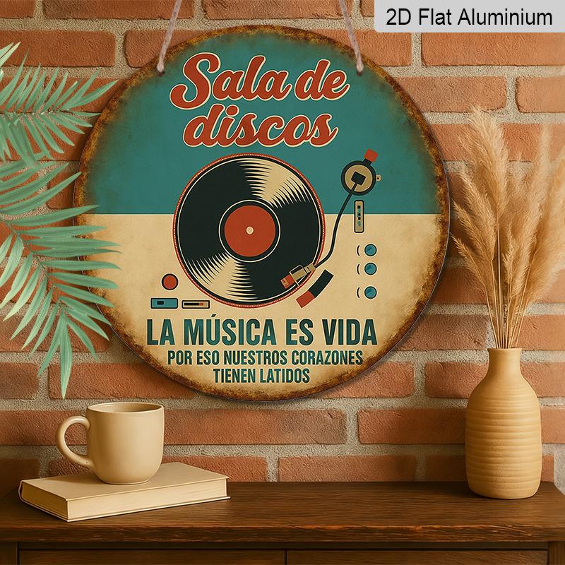 2D Flat, 1pc Spanish Language Vintage Vinyl Record Music Wall Aluminum Plaque - 7.87" Round Retro Turntable Sign Suitable for Bars, Cafes, Music