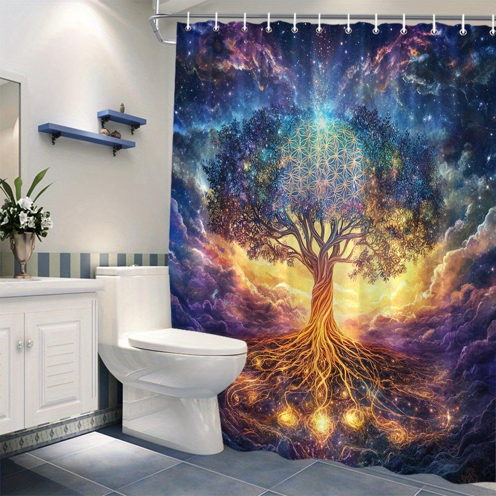 Cosmic Tree Shower Curtain - Glowing Geometric Design, Starry Night Background, Dreamlike Ambiance, All-Season Bathroom Decor