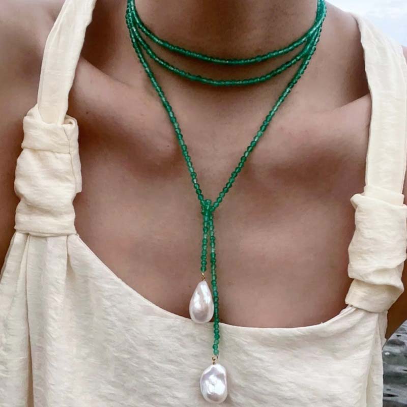 Vintage Grüne Kristallperlen Anhänger Halskette für Damen Mode Handgefertigt Perlen Lang Verstellbare Halskette Zirkon