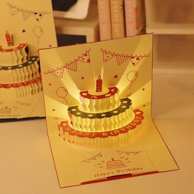 3D Birthday Cake Card with LED Lights Pop-Up Greeting Card, Includes Envelope, Postcard, and Wishing Card