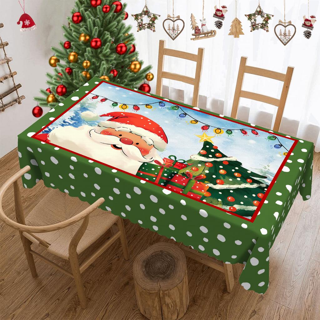 1 kus vánočního kulatého a obdélníkového ubrusu, různé velikosti, potisk Santa Clause a vánočního stromku, zelený ubrus se zelenými puntíky, S