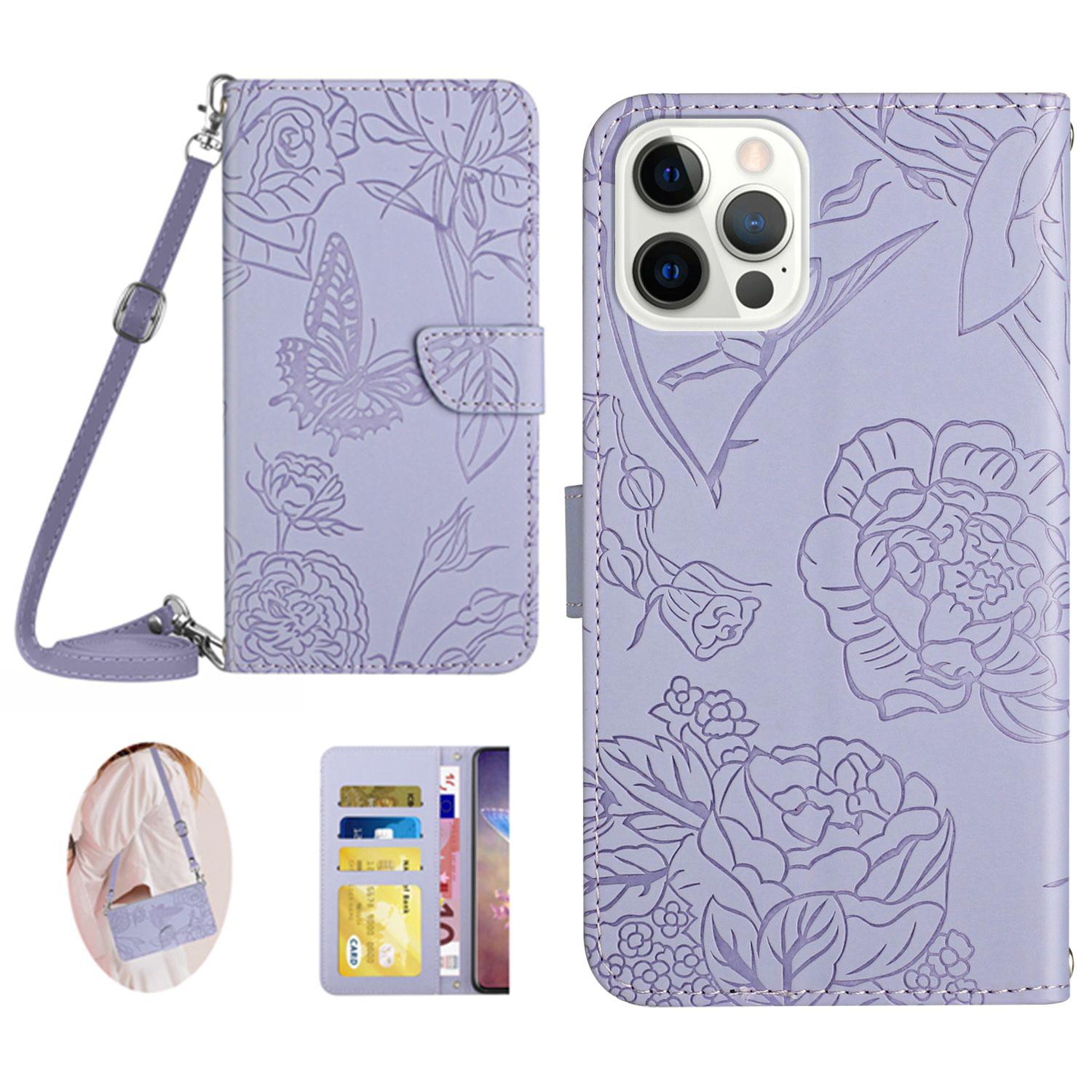 

HT03 For iPhone 16 Pro Max Case Butterfly Flowers Leather Phone Cover Magnetic Flip Stand Purple