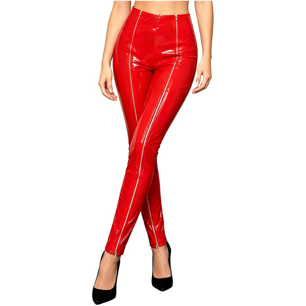 Women Patent Leather Front Zipper High Waist Leggings Wet Look Shiny Tights for Street Club Rave Party Stage Performance