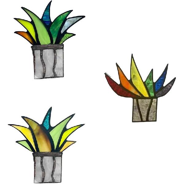 2 Combo, 3 Combo, Succulent Stained Glass Agave Glass Decorative (No Pots) for countertops, Indoor Decorations, Gifts for Plant Lovers (Colored Blue)