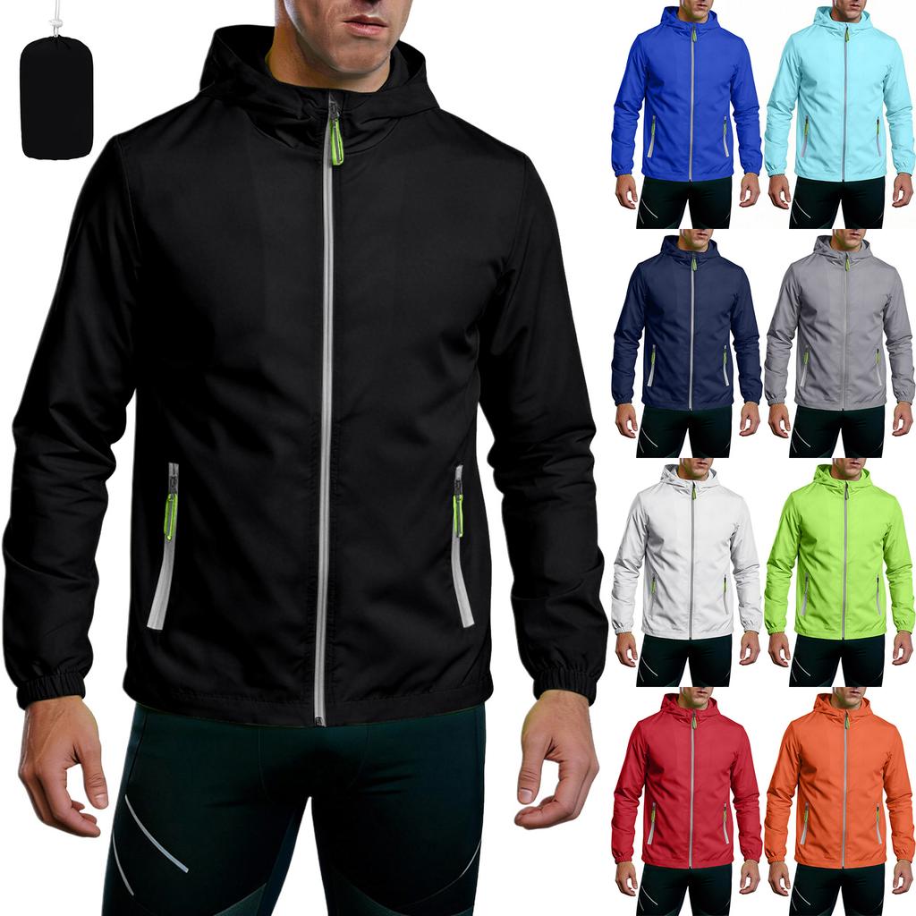 Unisex Lightweight Hooded Sports Jacket with Reflective Zipper Breathable Quick Dry with Storage Bag