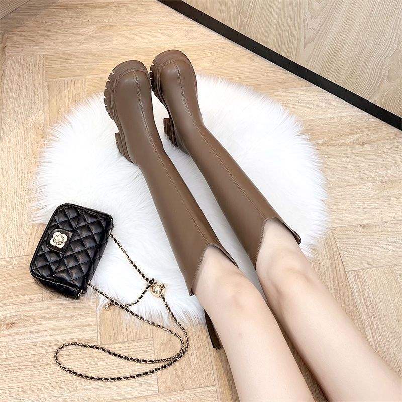 Stiefel Damenstiefel Herbst und Winter 2025 Neu V-Ausschnitt hochhackig dicksohlig dünn und hoch, aber Knie-Ritter dünne Stiefel