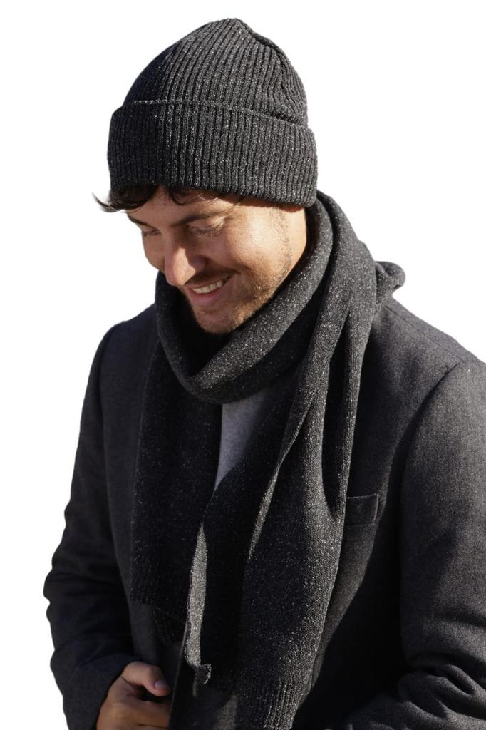 Patrick Men' Set - Hat and Scarf, Graphite (Merino & Silk)