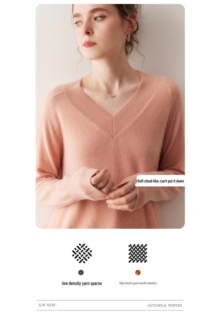 Lekasha Women's Cashmere V-Neck Sweater - Loose, Long-Sleeved Knit for Autumn & Winter