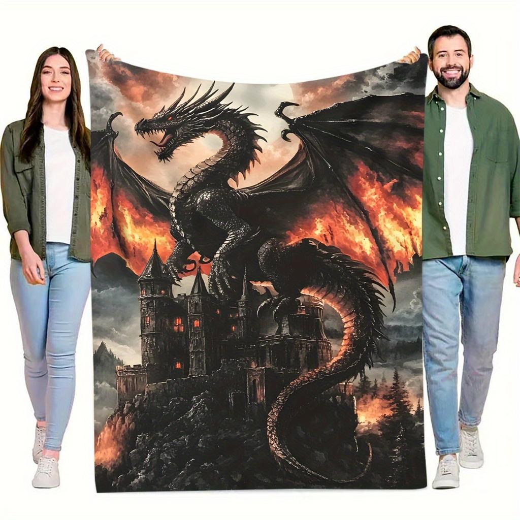 1pc Dragon and Castle Throw Blanket - Dark Gothic Castle & Dragon Design with Fiery Skies - Soft Flannel All-Season Blanket for