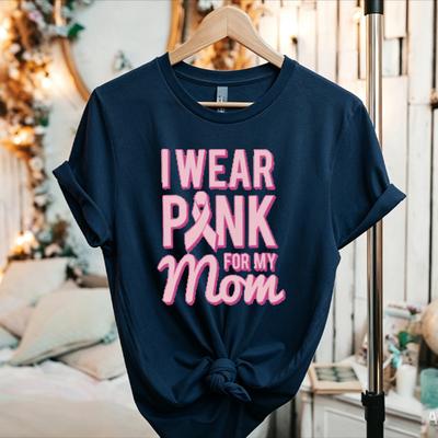 Ich trage Pink für meine Mama Shirt Rosa Band Brustkrebsbewusstsein Familienunterstützung Grafik-T-Shirt Dunkelblaues Baumwoll-Oberteil Frühling und Sommer
