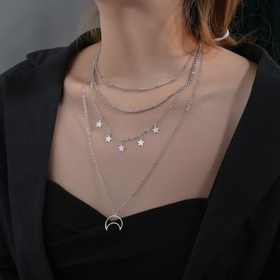 Star Moon Pendant Multi-layered Wearing Lady Necklace Metal Long Collarbone Chain