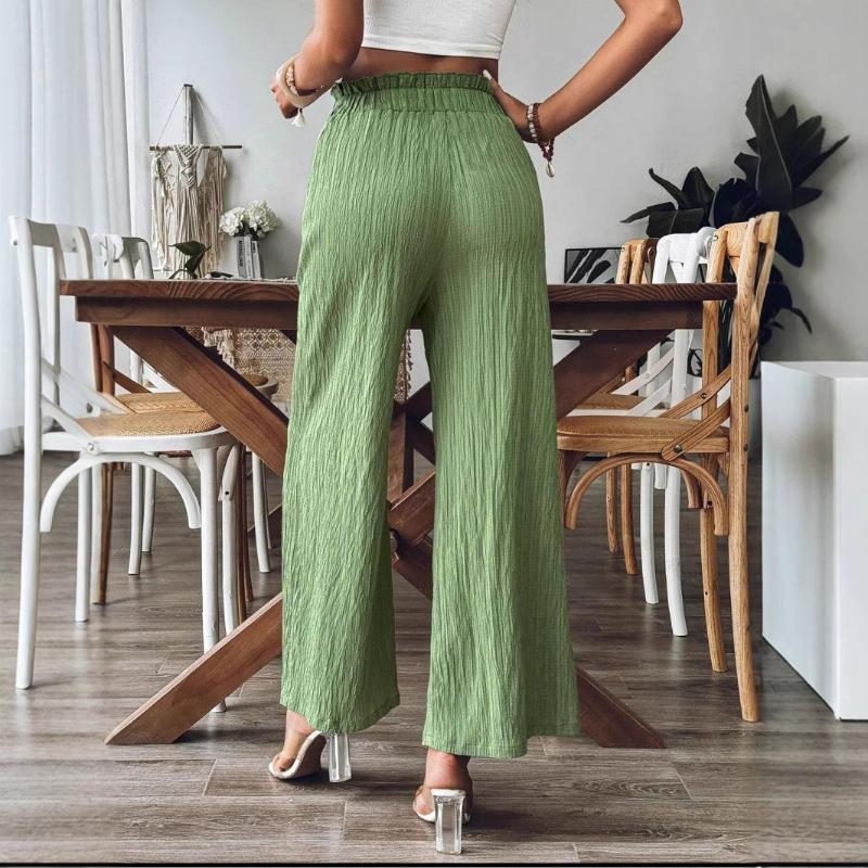 Fashion Women's Summer Elastic Waist Pocket Wide Leg Trousers Nine Points Pants