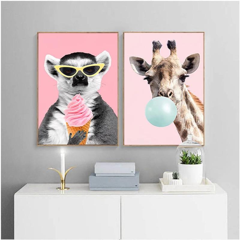 Poster und Drucke mit Giraffe, Panda und Blase, süßes Bild für Kinderzimmer, Leinwandgemälde, wasserfestes Material, ohne Rahmen